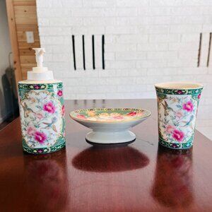 Vintage Chinoiserie Bath Set Soap Dish Cottagecore Traditional Heritage Green
